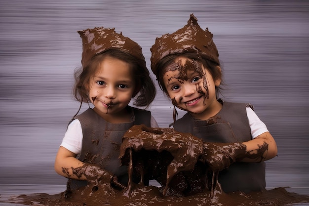 Due bambini che giocano con gioia nel mix di torta glassata al cioccolato