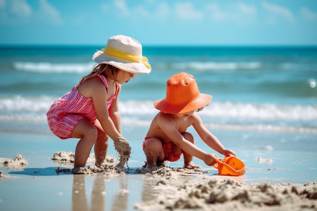 Due bambini che giocano sulla spiaggia con un secchiello e una vanga