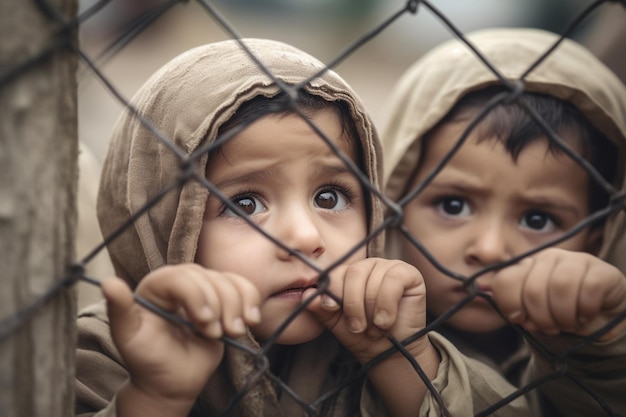 Due bambini che guardano attraverso una recinzione, uno di loro indossa una giacca marrone Giornata Mondiale del Rifugiato