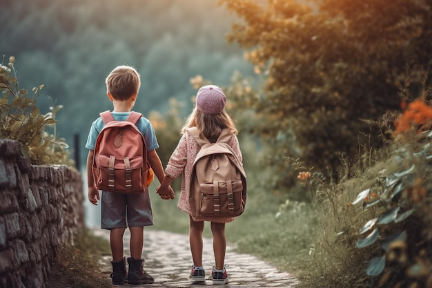 Due bambini che percorrono un sentiero tenendosi per mano.