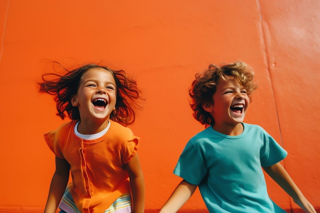 Due bambini che ridono e ridono davanti a uno sfondo arancione