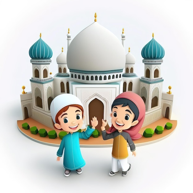 Due bambini che salutano una moschea con uno sfondo bianco