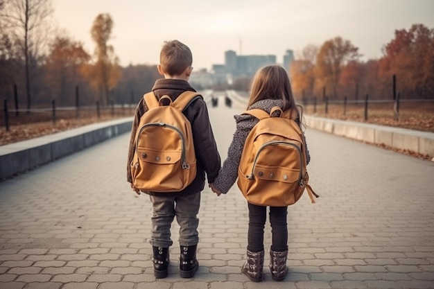 Due bambini che si tengono per mano, uno con indosso uno zaino, l'altro con indosso uno zaino.