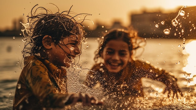 Due bambini che spruzzano nell'acqua al tramonto