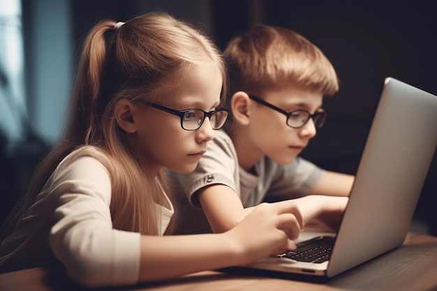 Due bambini che utilizzano un computer portatile in una stanza buia