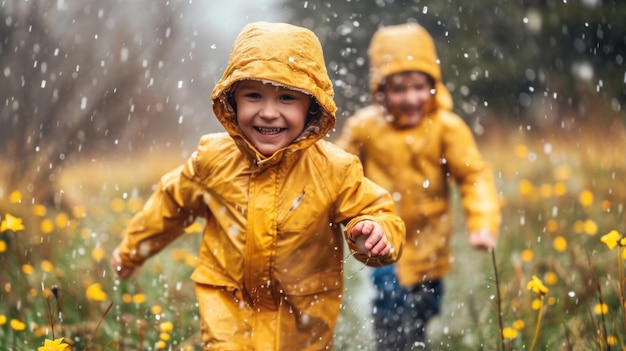 Due bambini con giacche da pioggia gialle che corrono attraverso un campo di fiori ai