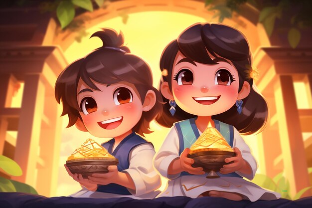 due bambini con lampada a olio al fondo di vettore del fumetto di notte di Diwali