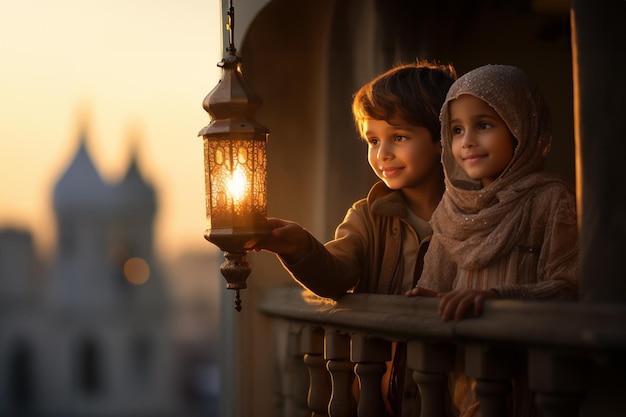 Due bambini con una lampada musulmana sul balcone con spazio per le copie