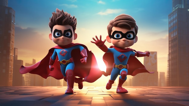 Due bambini dei cartoni animati 3D che indossano costumi da supereroi