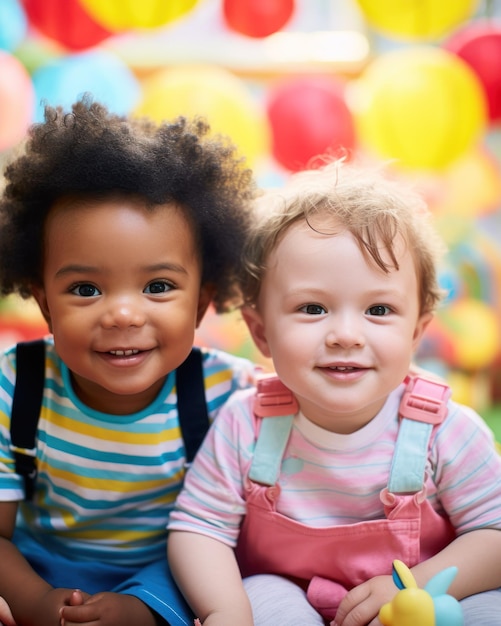 Due bambini di diverse nazionalità giocano in una scuola materna