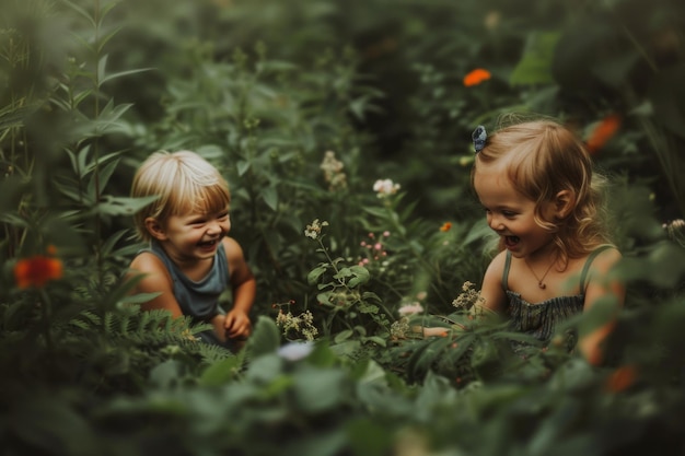 Due bambini felici che giocano in un lussureggiante giardino verde