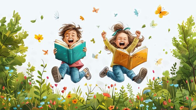 Due bambini felici che saltano e leggono libri nel prato con illustrazioni di farfalle