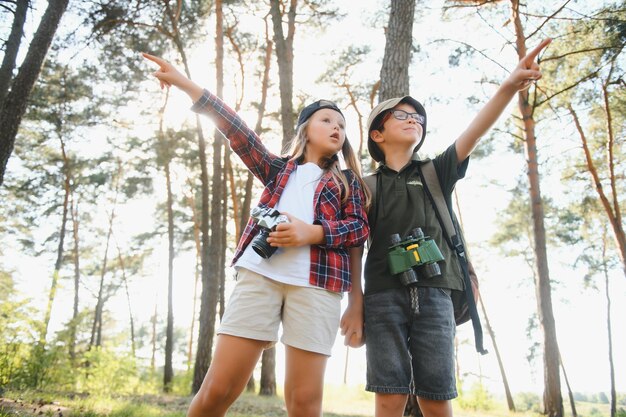 Due bambini felici che si divertono durante l'escursione nella foresta in una bella giornata nella foresta di pini Cute boy scout con il binocolo durante le escursioni nella foresta estiva Concetti di scouting avventuroso e turismo escursionistico