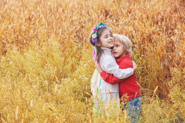 Due bambini fratello e sorella si abbracciano in un campo di grano