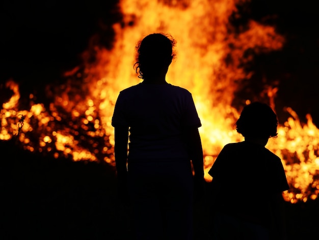 Due bambini guardando il grande fuoco