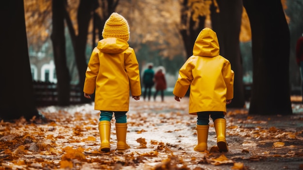 Due bambini in impermeabili gialli che camminano lungo il sentiero coperto di foglie nel parco IA generativa