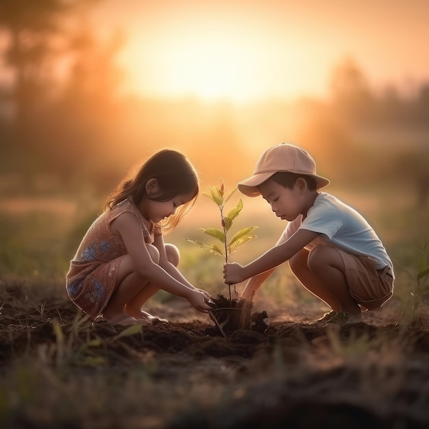 Due bambini piantano un albero in un campo