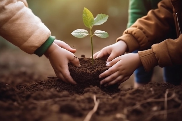 Due bambini piantano un albero nel terreno