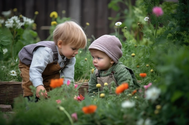 Due bambini piccoli che giocano in giardino