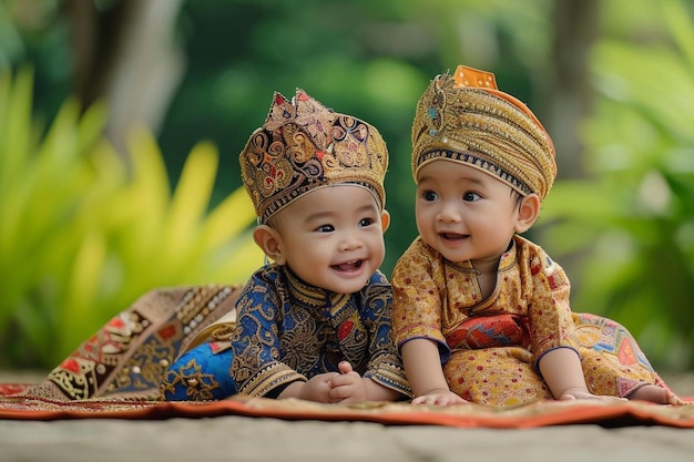 due bambini piccoli in abiti tradizionali sdraiati su una coperta