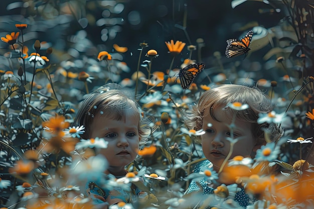 Due bambini piccoli in piedi in un campo di fiori