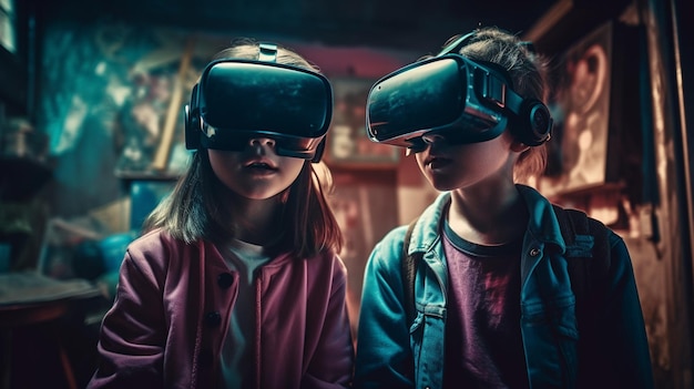 Due bambini piccoli ragazzo e ragazza che giocano con gli occhiali per realtà virtuale generativa ai
