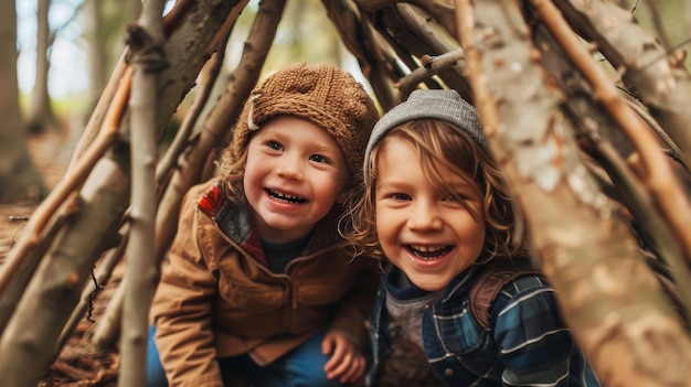 Due bambini piccoli seduti a terra di fronte a un teepee che giocano e ridono insieme
