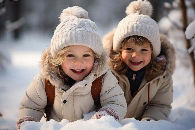 Due bambini piccoli si divertono nella bellissima natura invernale con alberi coperti di neve