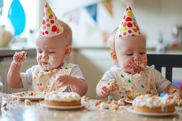 Due bambini piccoli sono seduti a un tavolo e mangiano felicemente la torta Bambini con carini cappelli di compleanno e bibs che fanno un casino con la torta generata da AI