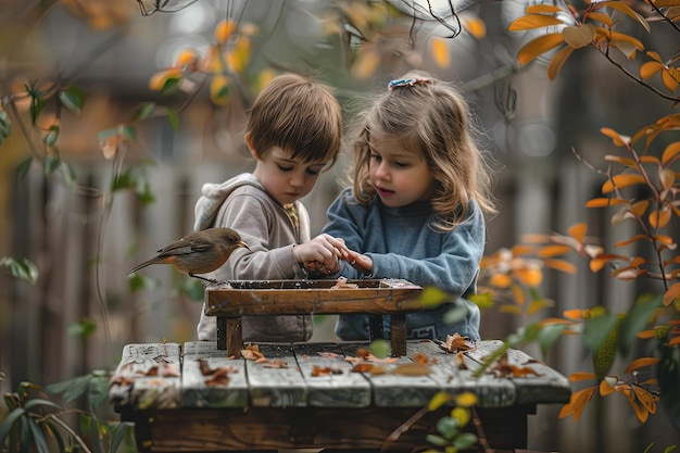 Due bambini piccoli stanno giocando con un uccello