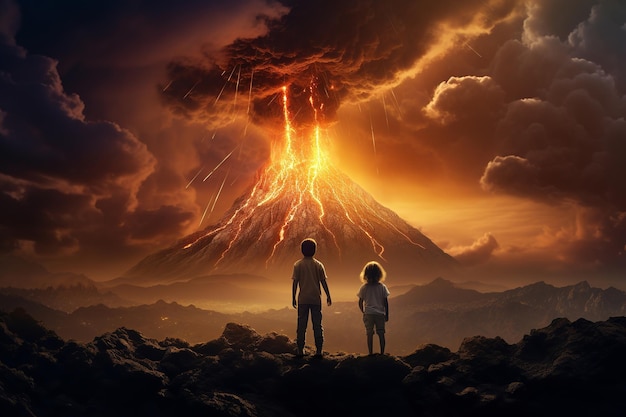 Due bambini ragazzo e ragazza che si tengono per mano e guardano un vulcano in eruzione sullo sfondo concetto di Apocalisse