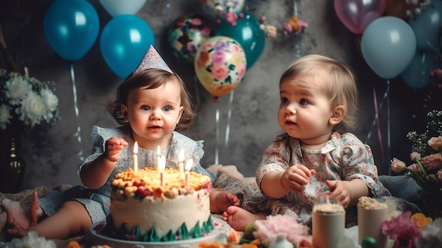 Due bambini si siedono a un tavolo con una torta di compleanno Festa dei bambini