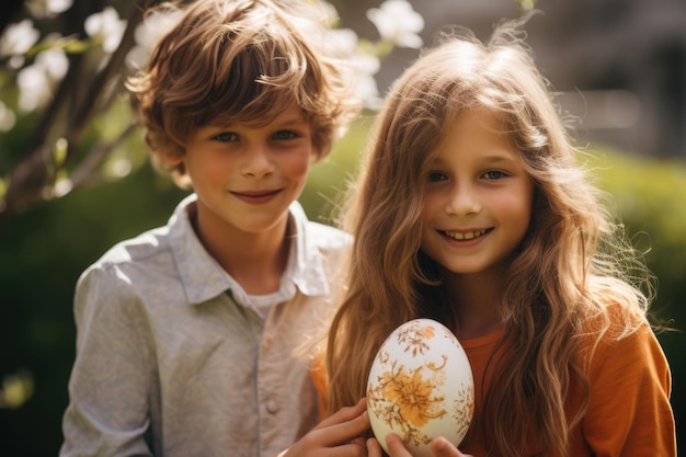 Due bambini sorridenti un ragazzo e una ragazza che tengono un grande uovo di Pasqua decorato in un giardino soleggiato