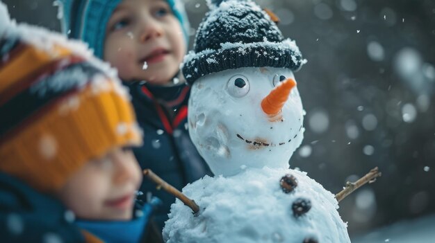 Due bambini stanno guardando un pupazzo di neve nella neve ai