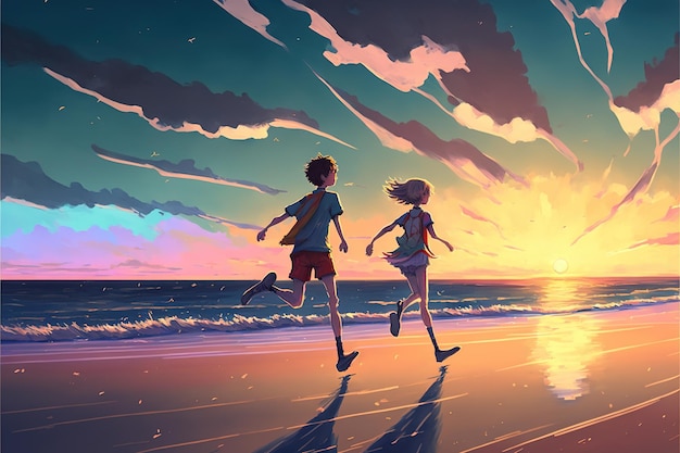 Due bambini sulla spiaggia Ragazzo e ragazza che corrono sulla spiaggia per vedere l'alba all'orizzonte Pittura illustrativa in stile arte digitale