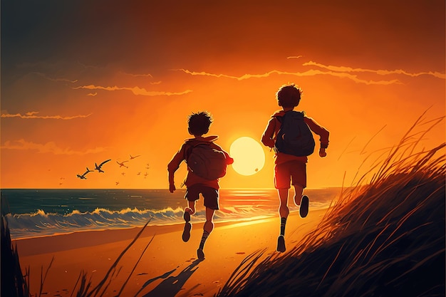 Due bambini sulla spiaggia Ragazzo e ragazza che corrono sulla spiaggia per vedere l'alba all'orizzonte Pittura illustrativa in stile arte digitale
