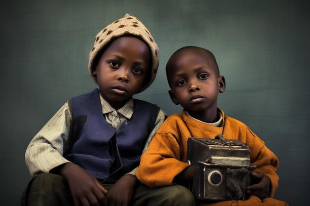 Due bambini tengono in mano una macchina fotografica e uno indossa un cappello.