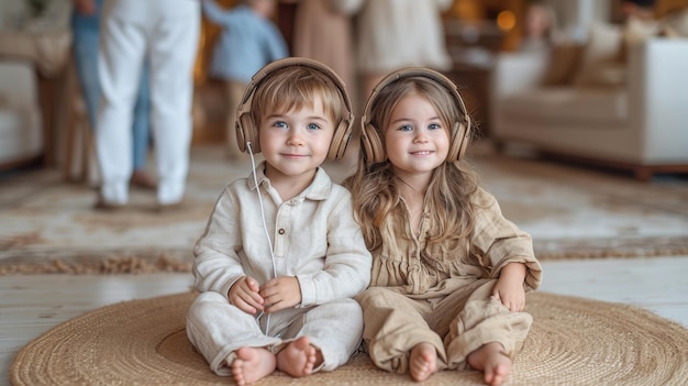 Due bambini tristi sono seduti sul pavimento con le cuffie contro lo sfondo della festa dei loro genitori