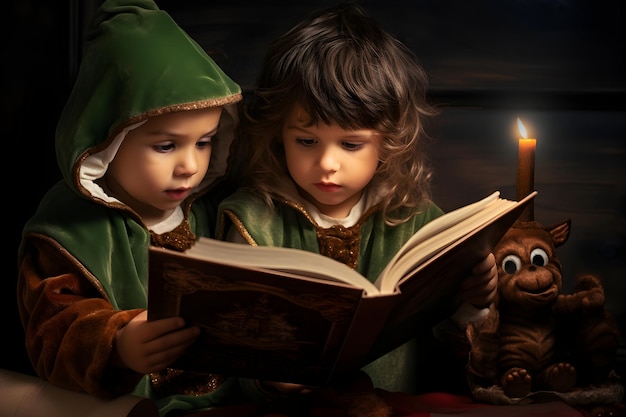 Due bambini vestiti da Babbo Natale che leggono un libro