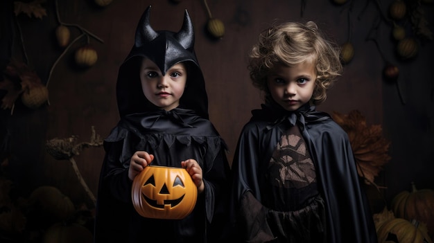 Due bambini vestiti da pipistrelli per Halloween