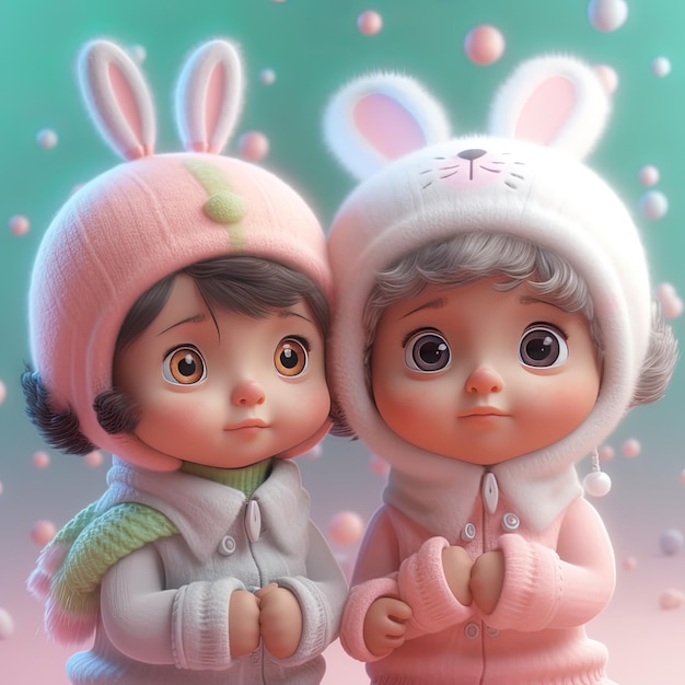 due bambole con orecchie di coniglio e un cappello di coniglio.