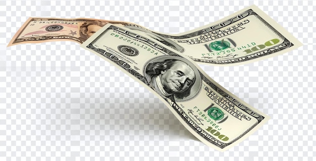 Due banconote da cento e venti dollari statunitensi che galleggiano su uno sfondo bianco con una leggera ombra