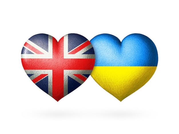 Due bandiere Bandiere di Ucraina e Gran Bretagna Due cuori con i colori delle bandiere