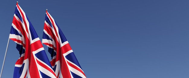 Due bandiere del Regno Unito sui pennoni sul lato Bandiere su sfondo blu Gran Bretagna Inghilterra Londra Illustrazione 3D