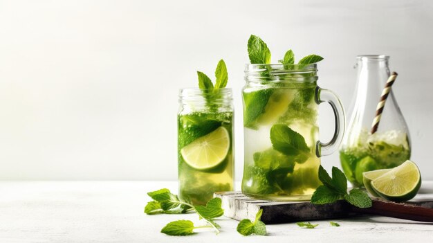 Due barattoli di mojito con lime e lime su un tavolo bianco