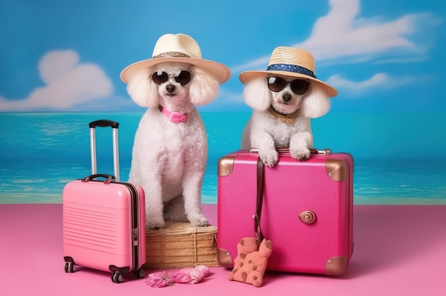 Due barboncini bianchi con occhiali e cappelli sono seduti su valigie rosa concetto di viaggio estivo