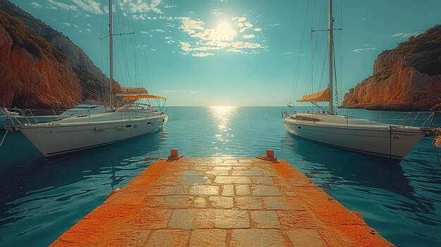 Due barche a vela sono ormeggiate in una serena baia con uno splendido tramonto che getta tonalità calde sulle acque calme e sul paesaggio roccioso che evoca una pacifica fuga marittima