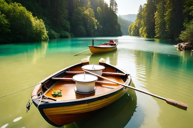 Due barche su un lago con una foresta sullo sfondo