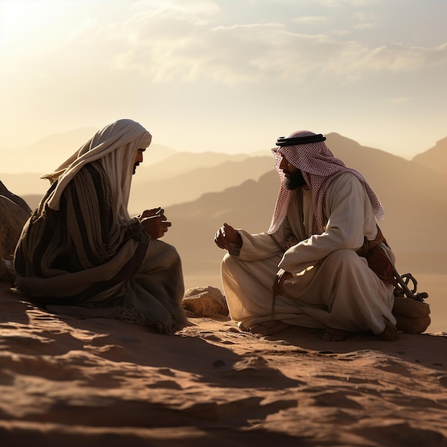 Due beduini che chiacchierano nel deserto arabo lasciano