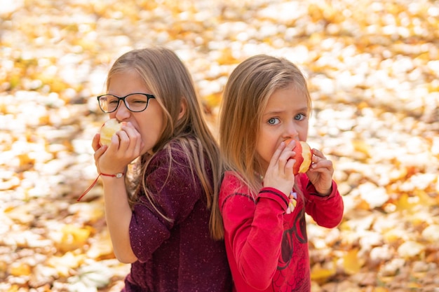 due belle bambine mangiano felicemente mele in foglie d'autunno